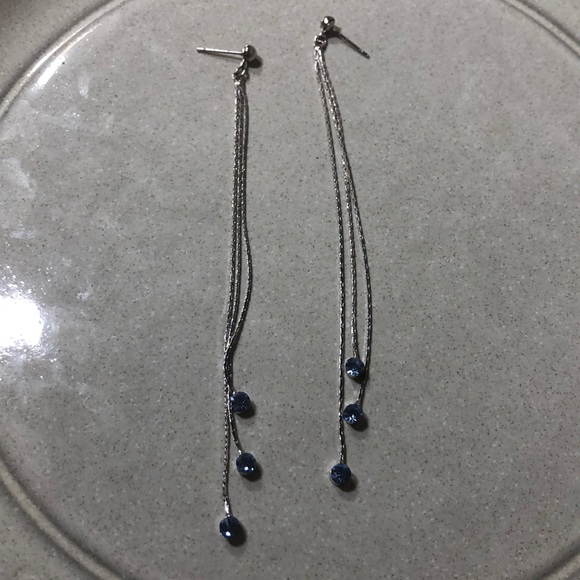 Ultra Long Silver and Blue Crystal Earrings - Picture 2 of 6